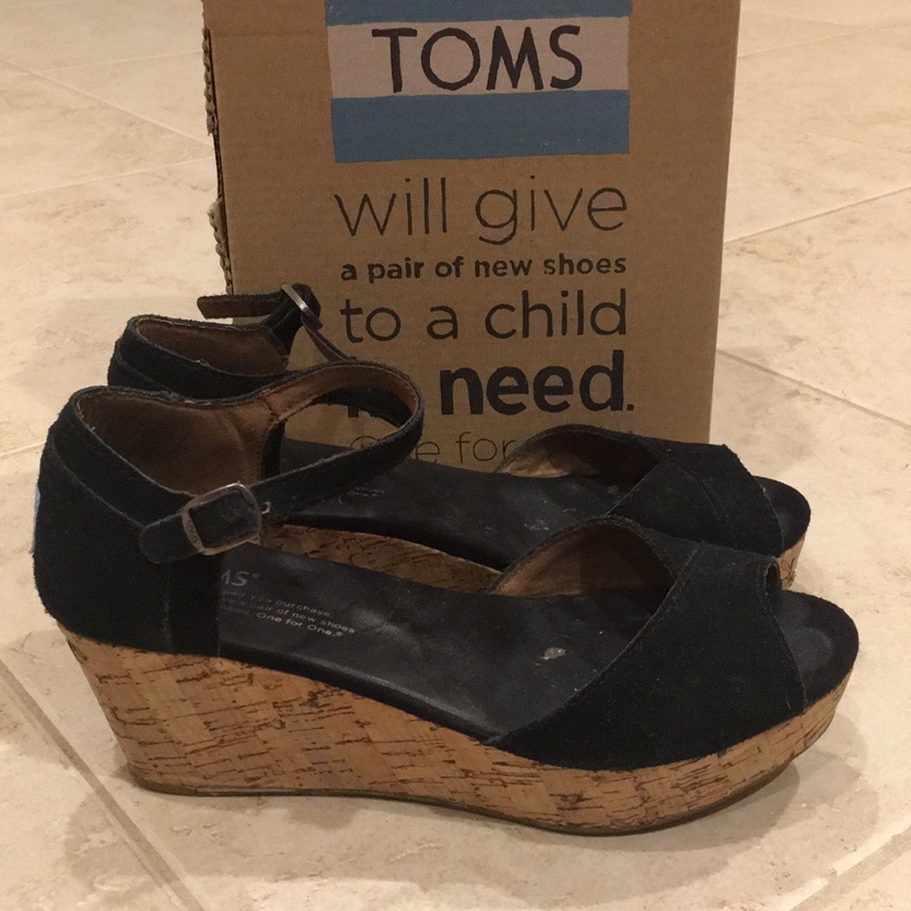 Toms Black Suede Cork Platform Wedge Sandals - Picture 2 of 4